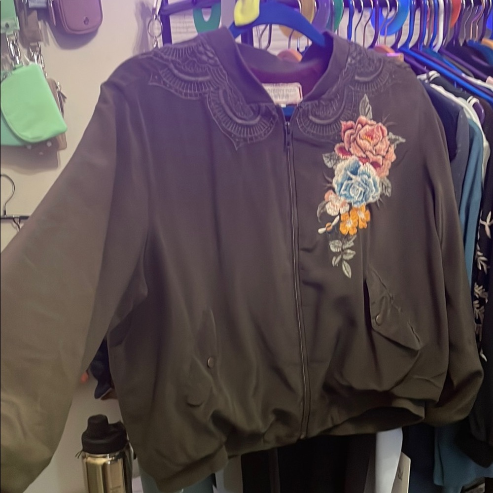 Johnny Was Green Bomber Jacket with Embroidered Floral Design